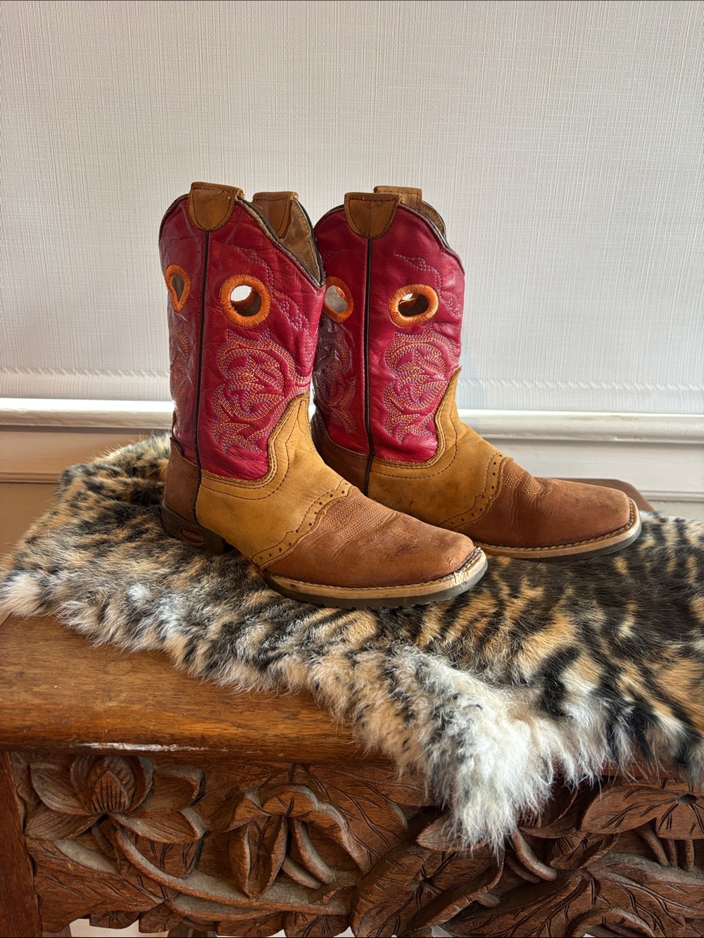 Bufalito raspberry and tan leather Western Pull-On Boots, children’s